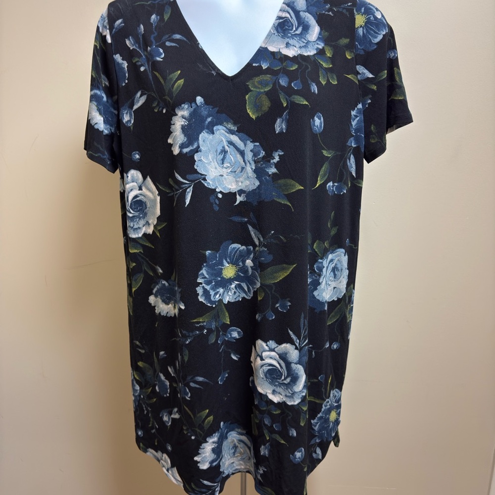 Christian Siriano Black and Blue Floral Short Sleeve Shirt Dress sz XL